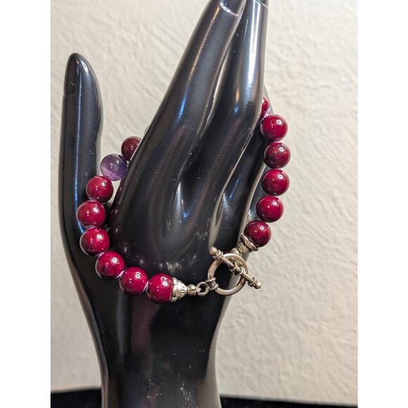 Wine Glass Bead & One Amethyst Stone Bead Non Magnetic Toggle Clasp Bracelet - Picture 1 of 5